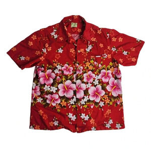 Vintage Ui Maikai Hawaiian Shirt Hibiscus Flowers Men's Size Large Red Vibrant